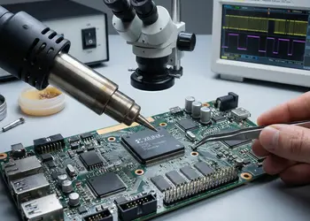 Técnico realizando reparo BGA de alta precisão em placa CNC industrial