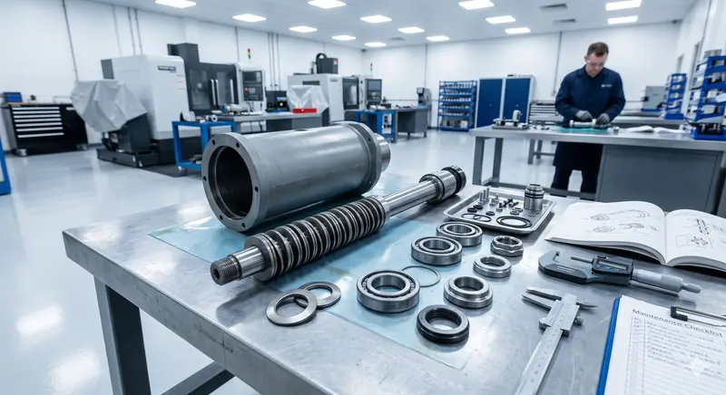 Spindle CNC desmontado na bancada com drawbar e rolamentos